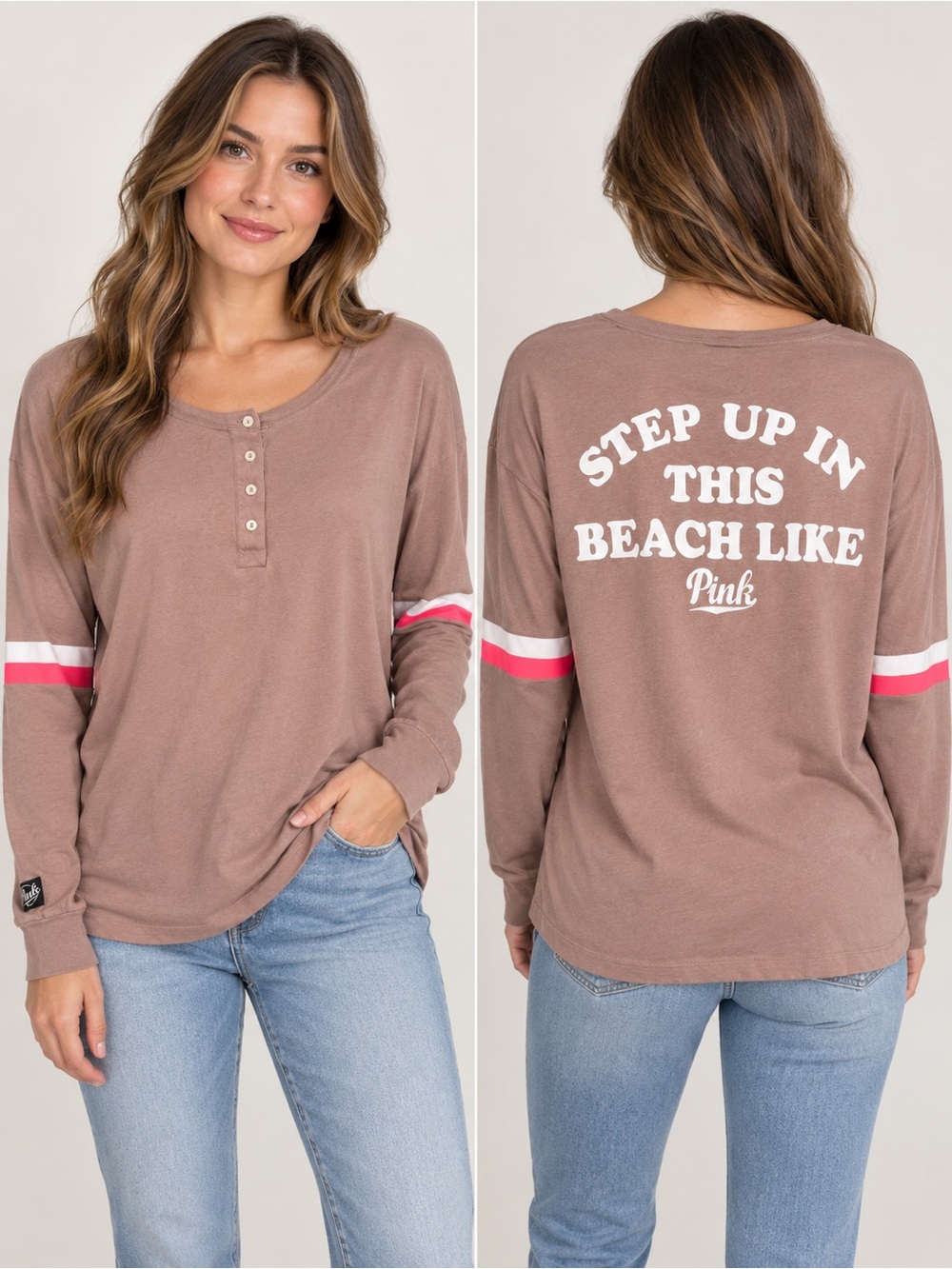 PINK Victoria’s Secret Long Sleeve Henley Tee Step Up In This Beach Like Size M
